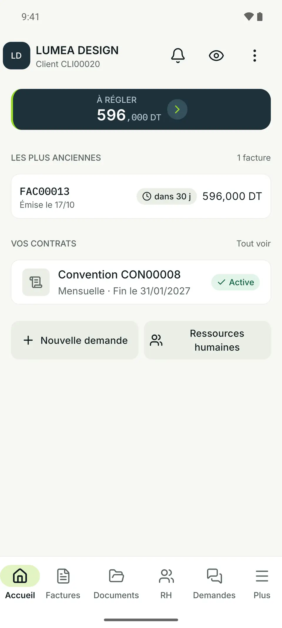 Application Android de LUMEA DESIGN, client du cabinet, accueil : 596,000 DT à régler, la facture la plus ancienne et la convention en cours.