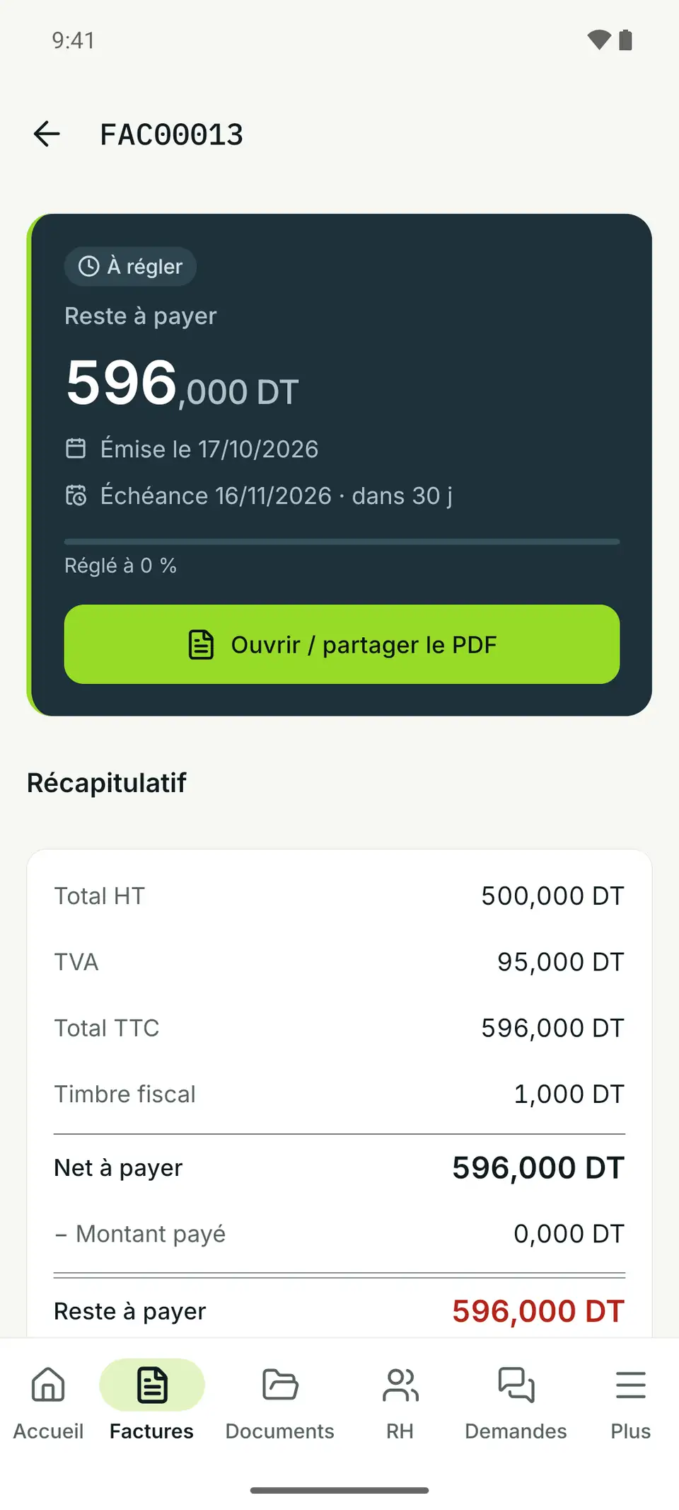 Application Android, facture FAC00013 : reste à payer, dates d'émission et d'échéance, bouton « Ouvrir / partager le PDF » et récapitulatif avec le timbre fiscal.