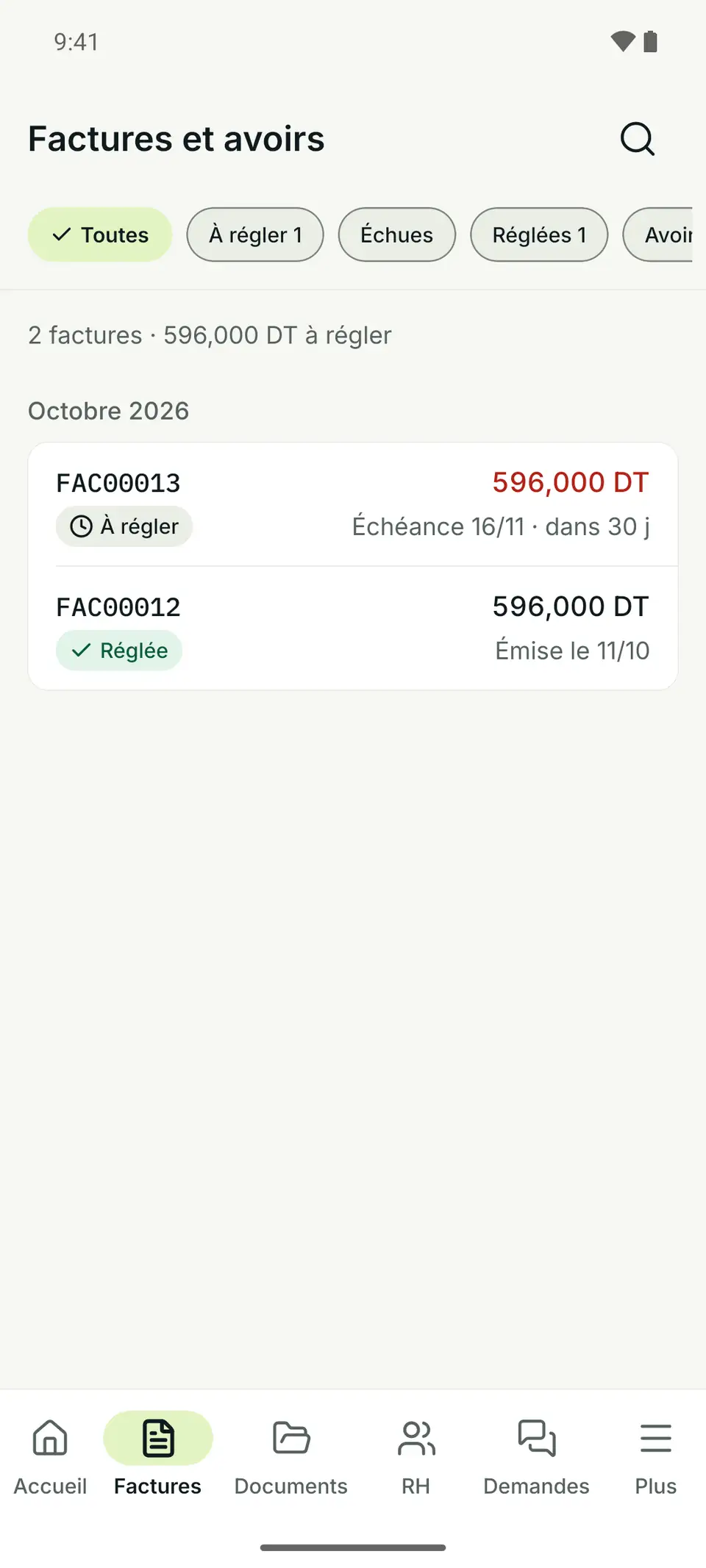 Application Android, factures et avoirs : FAC00013 à régler avec échéance le 16/11, et FAC00012 réglée.