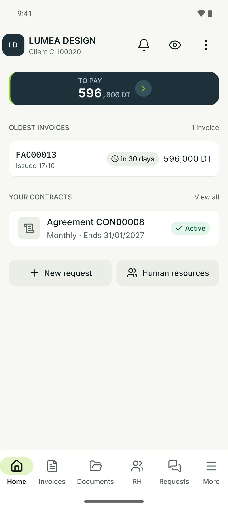 Android app of LUMEA DESIGN, a client of the firm, home screen: 596 dinars to pay, the oldest invoice and the current agreement.