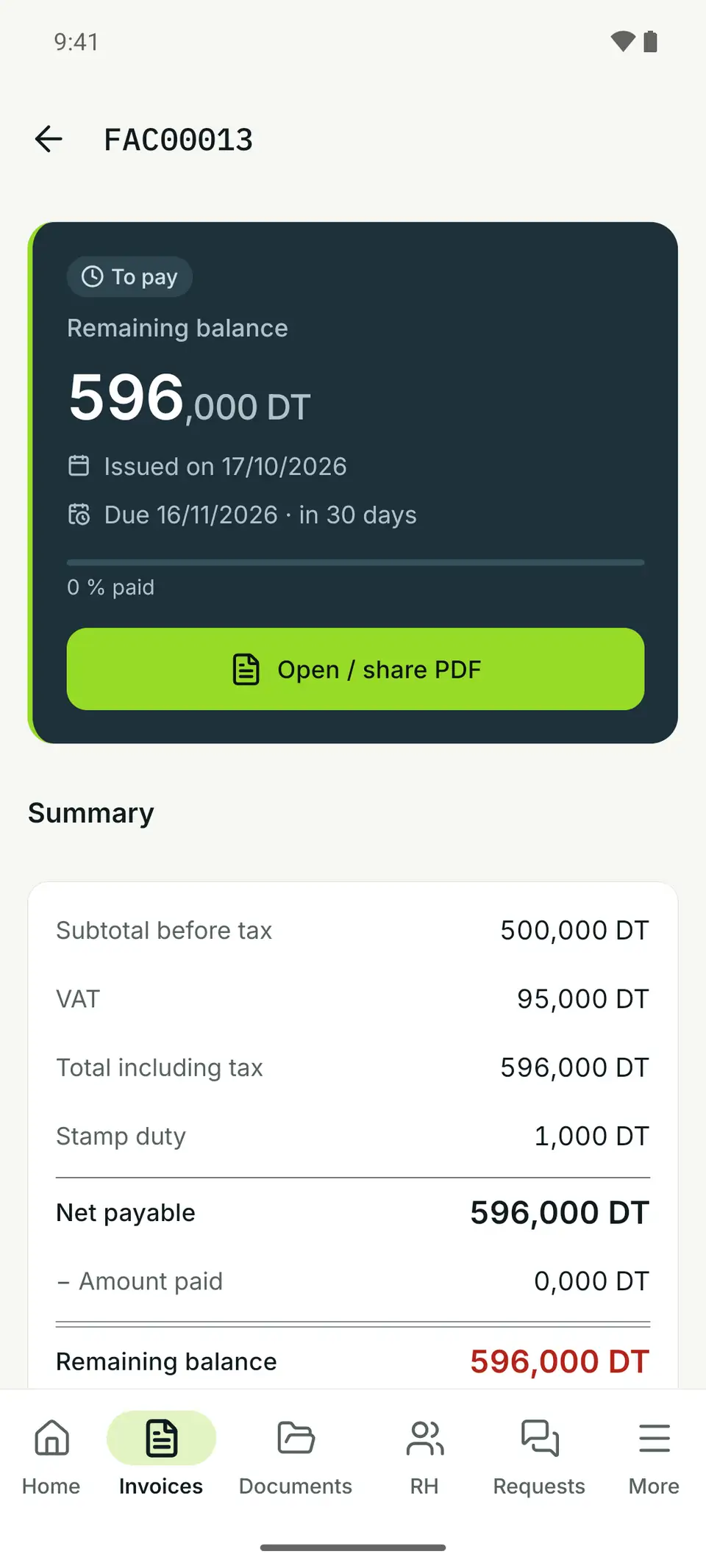 Android app, invoice FAC00013: remaining balance, issue and due dates, the “Open / share PDF” button and the summary with the stamp duty.