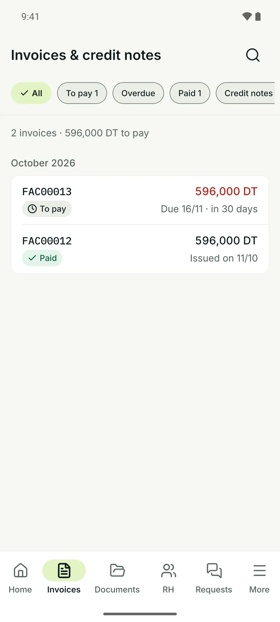 Android app, invoices and credit notes: FAC00013 to pay, due on 16/11, and FAC00012 paid.
