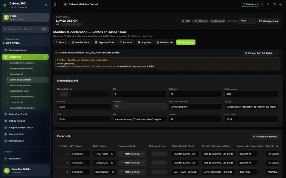 تصريح المبيعات بتوقيف الأداء للثلاثية الثالثة: المراقبة قبل التوليد تبيّن أنه لا شيء يمنع توليد الملف FAC_03_26.txt وتشير إلى نقطة واحدة للتثبّت.